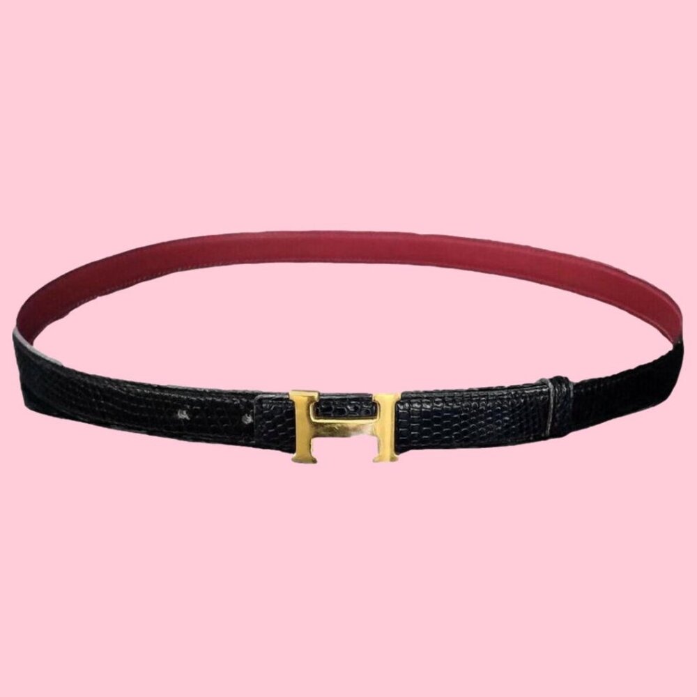 Hermès Crocodile 18K Gold H Logo Black & Red Belt